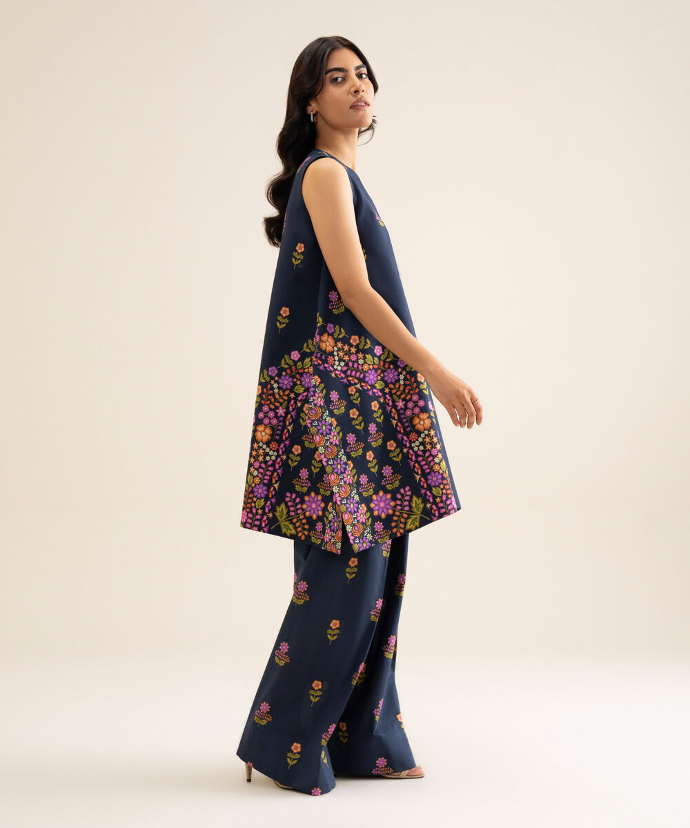 Women's Unstitched Cotton Printed Navy Blue 2 Piece Suit