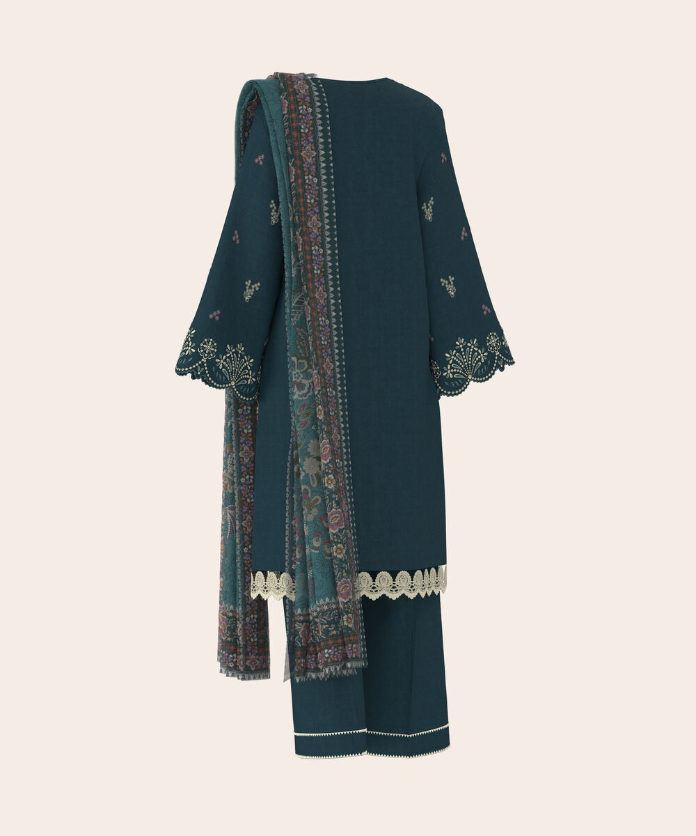 Women's Unstitched Self Jacquard Teal Blue  Embroidered 3 Piece Suit