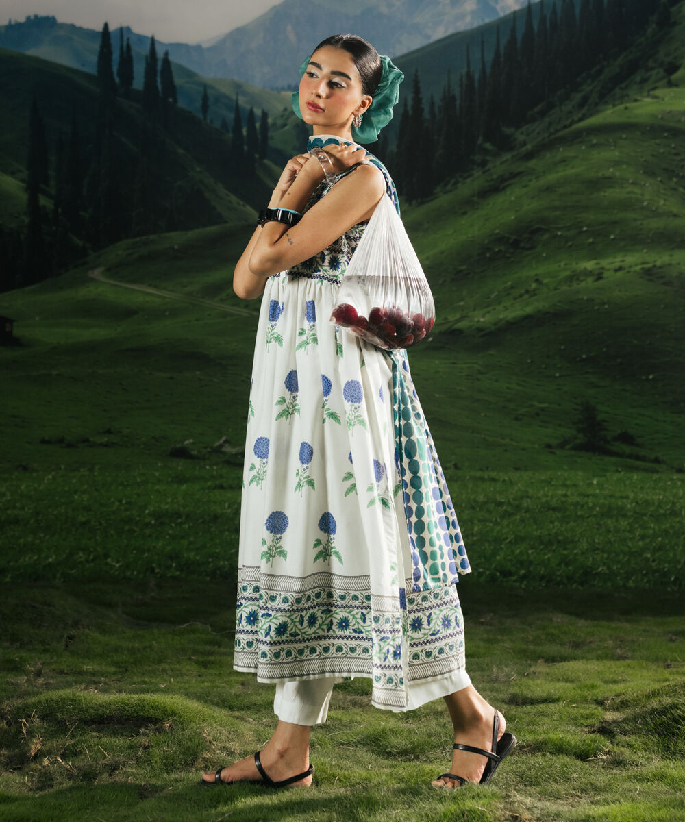 Women's RTW Slub Lawn Printed White Peshwas