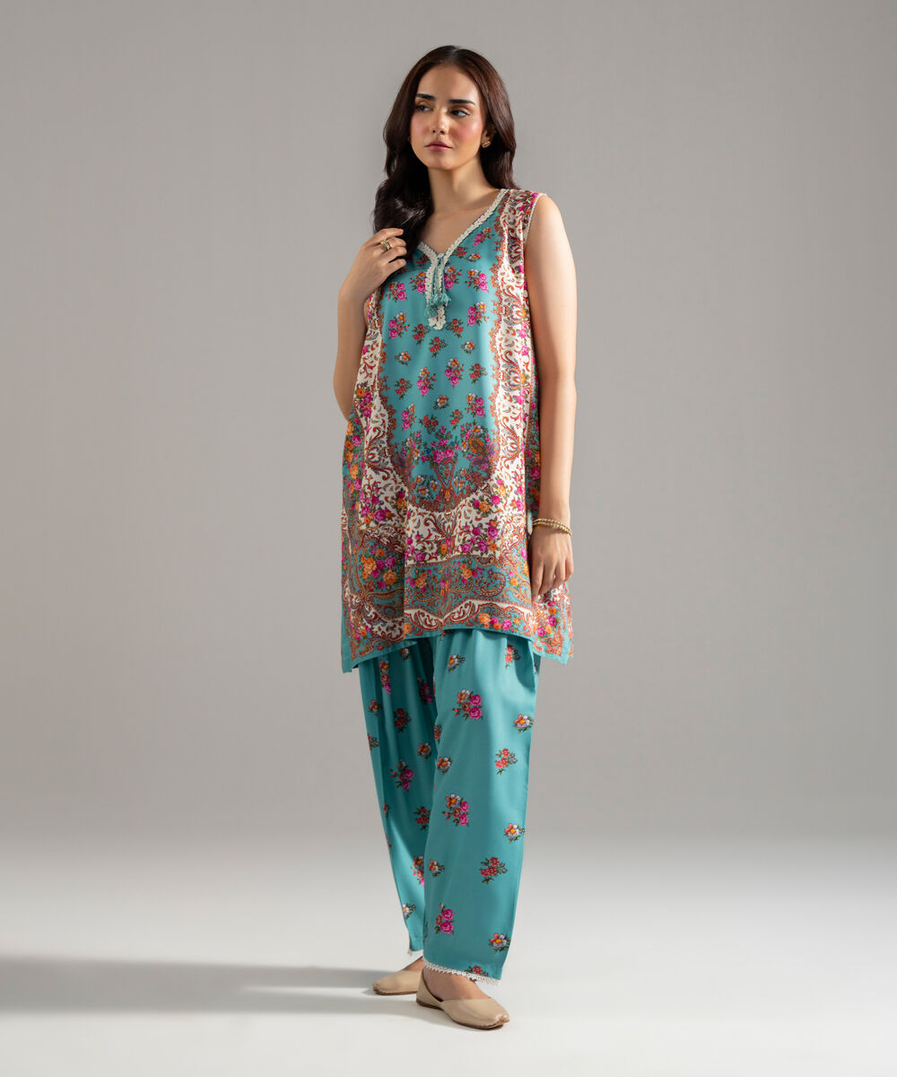 Women's RTW Arabic Lawn Printed Seaform Green Straight Shirt