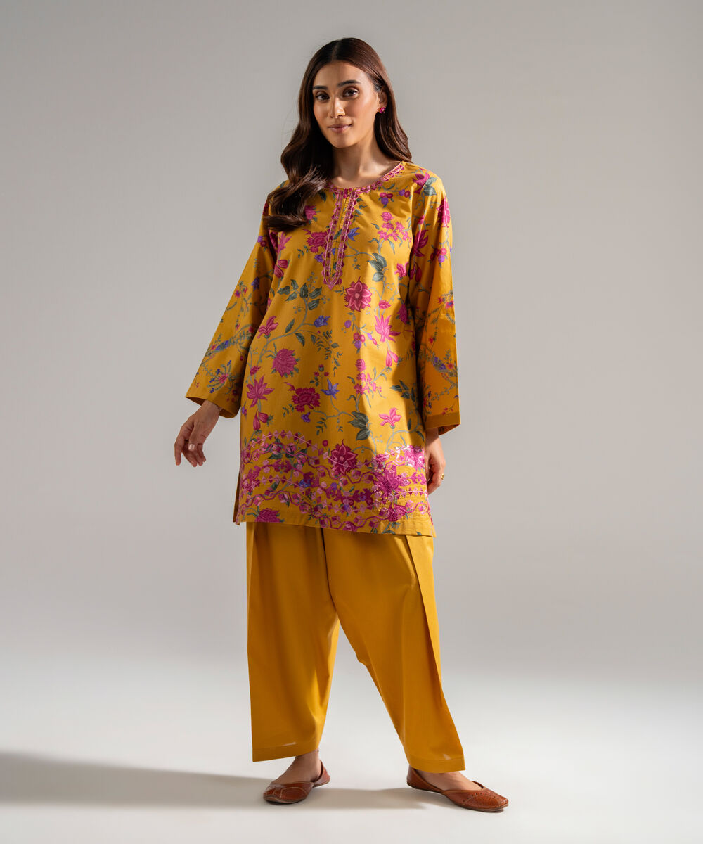 Women's RTW Cambric Embroidered Mustard Yellow 2 Piece Suit