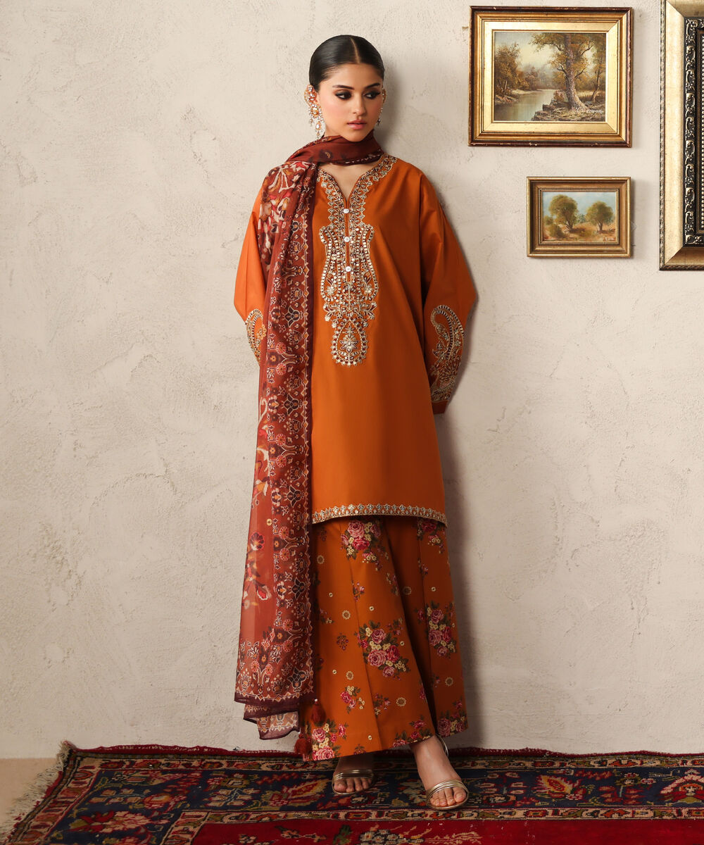 Women's RTW Slub Lawn Embroidered Brown Straight Shirt