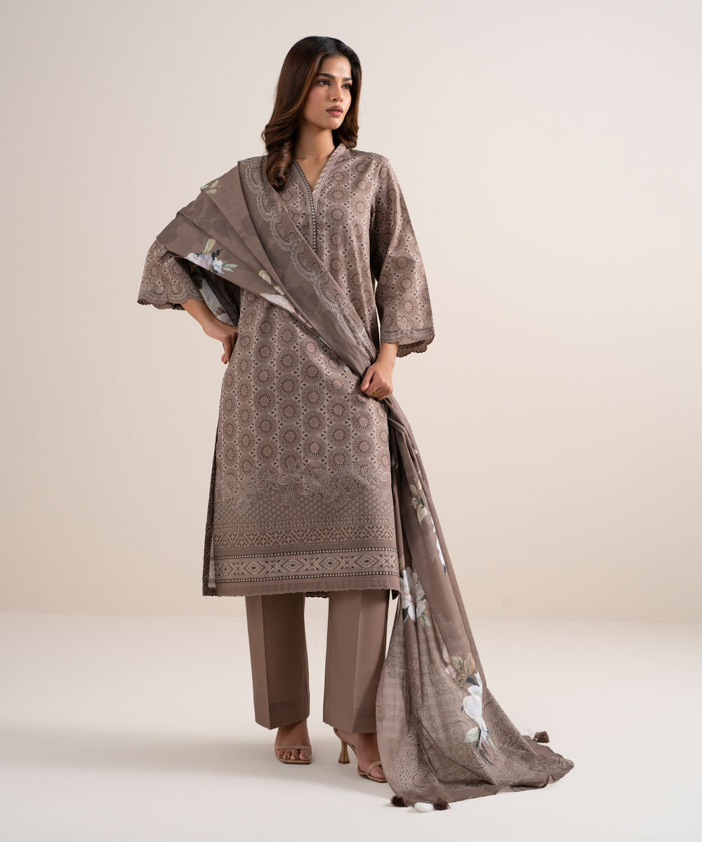 Women's Unstitched Lawn Printed Beige 3 Piece Suit