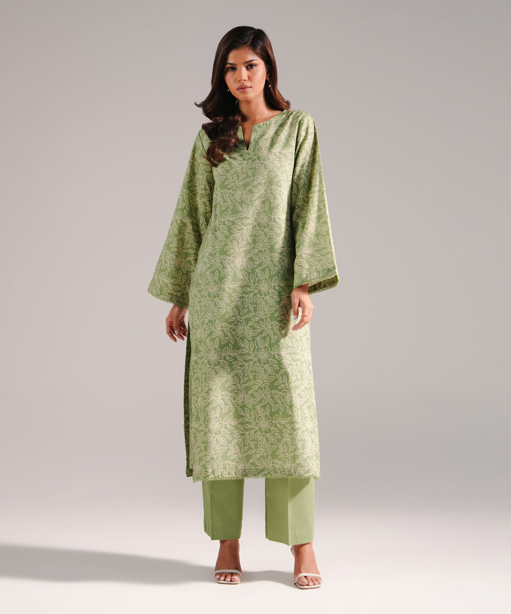 Women's RTW Cotton Viscose Printed Green 2 Piece Suit