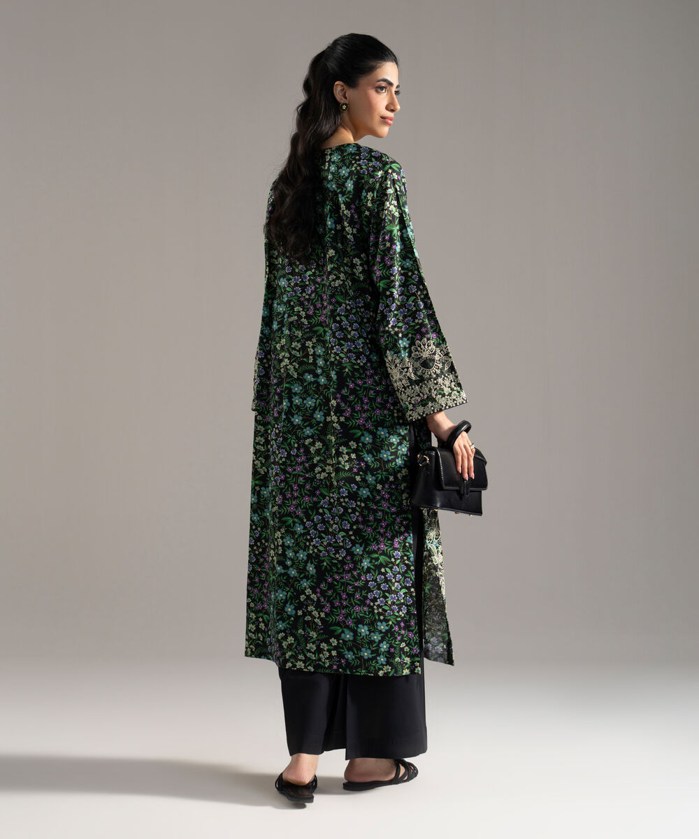 Women's RTW Cotton Viscose Printed Embroidered Black 2 Piece Suit