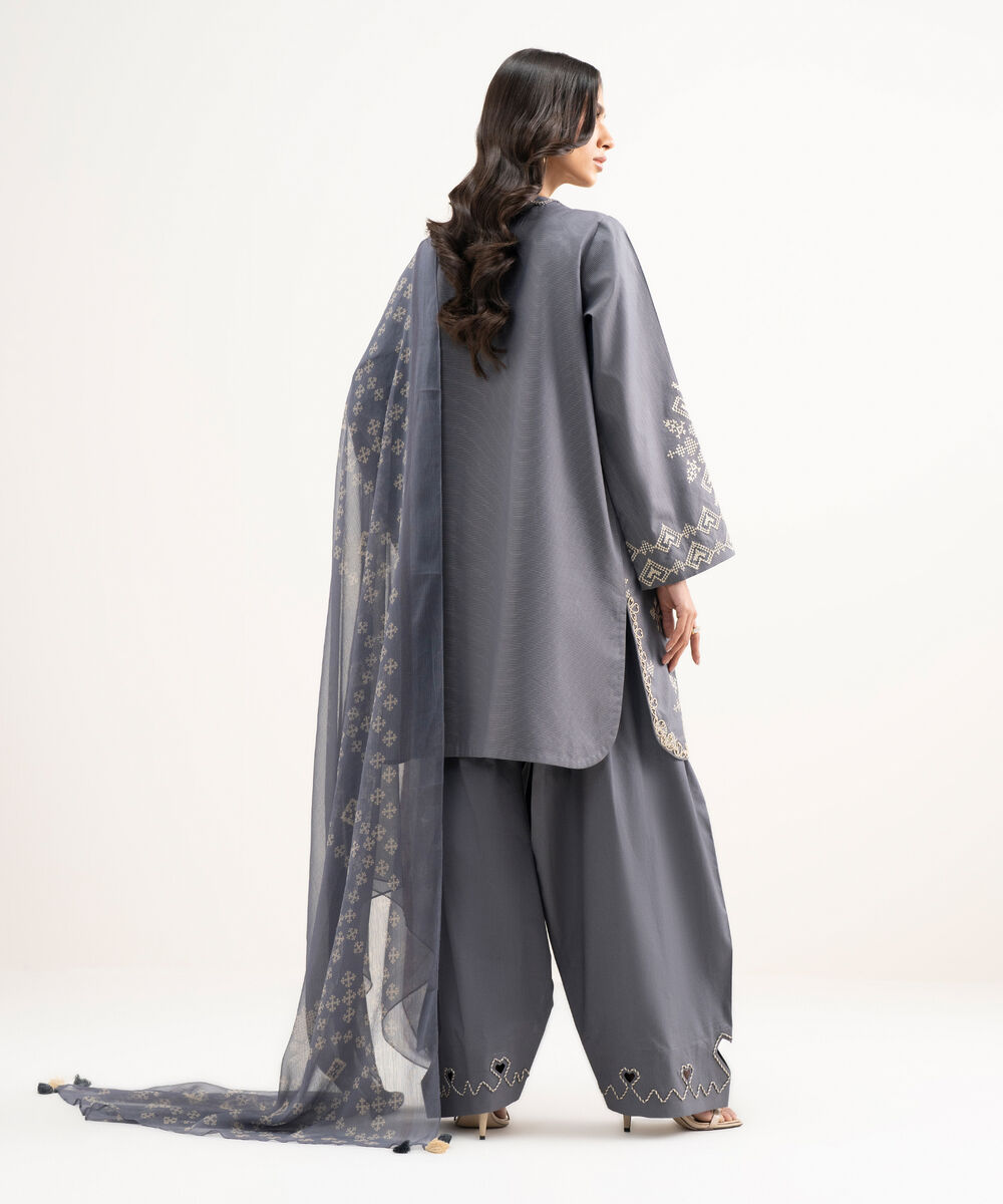 Women's Unstitched Zari Lawn Embroidered Grey 3 Piece Suit