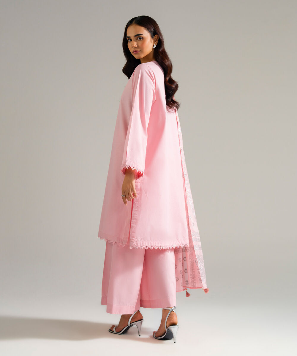 Women's RTW Slub Lawn Solid Pink 3 Piece Suit