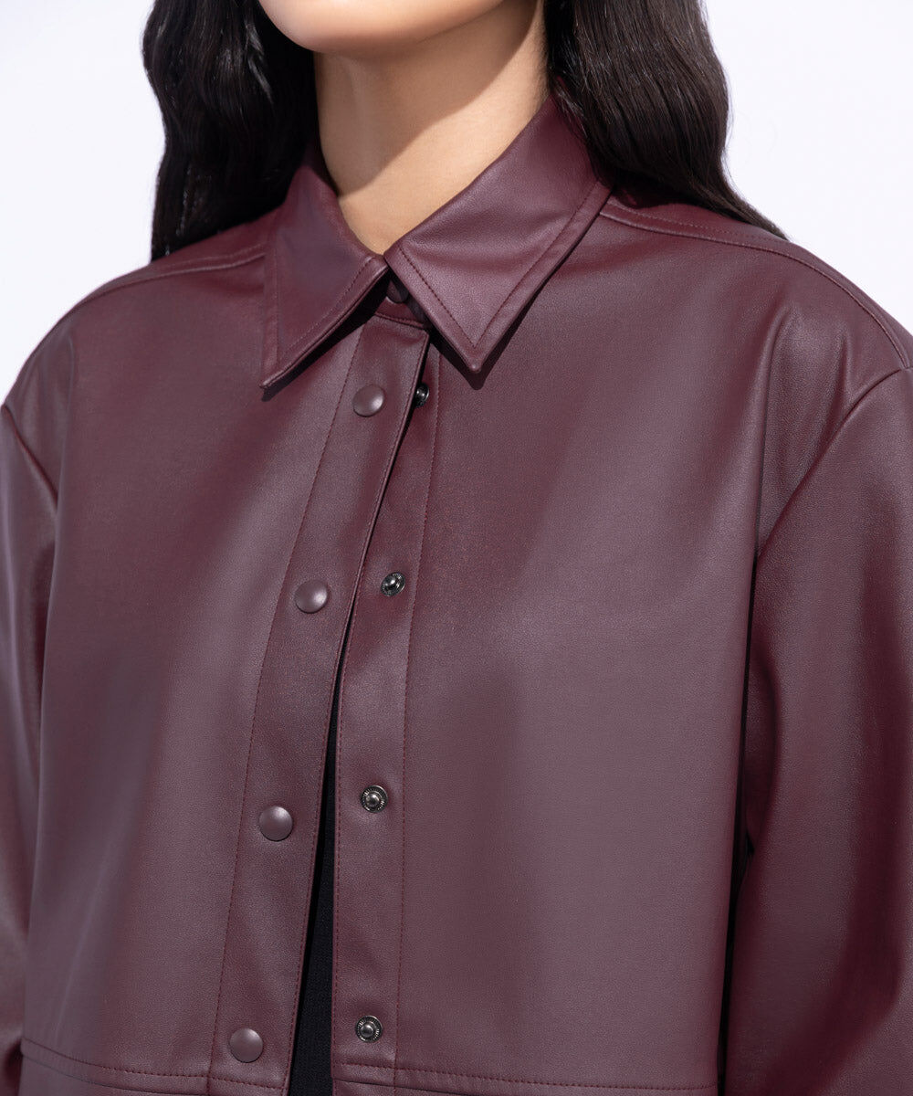 Woman - Red Loose Fit Faux Leather Overshirt