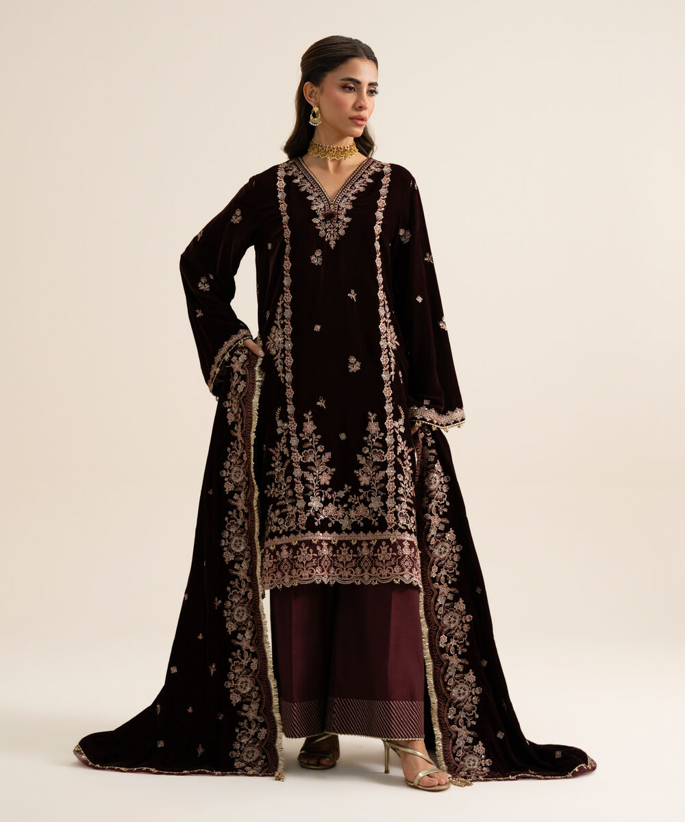 Women's Unstitched Velvet Embroidered Maroon 3 Piece Suit
