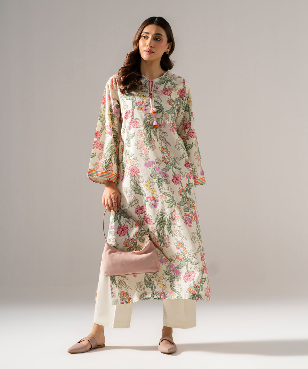 Women's RTW Cambric Printed Off White Straight Shirt