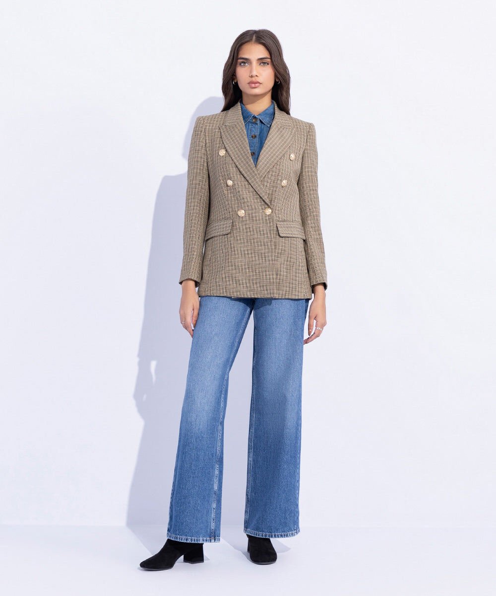 Plaid Double Breasted Blazer Woman - Brown Plaid Double Breasted Blazer