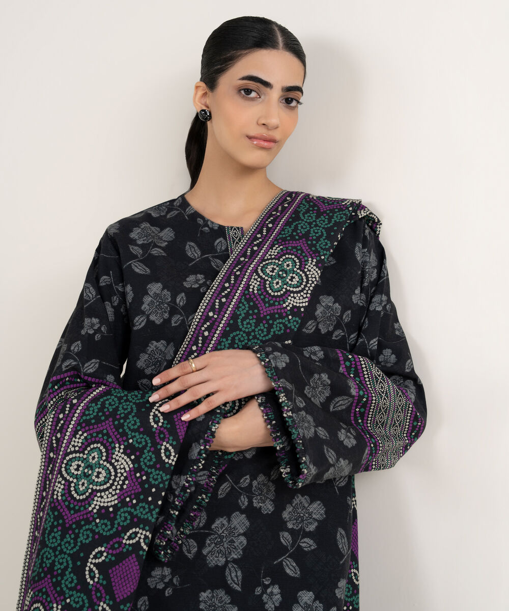 Women's Unstitched Printed Khaddar Black 3 Piece Suit