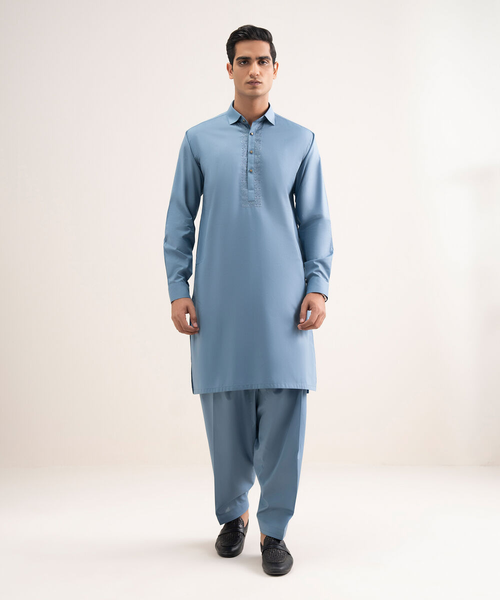 Men'S Stitched Medium Blue Premium Cotton Suit