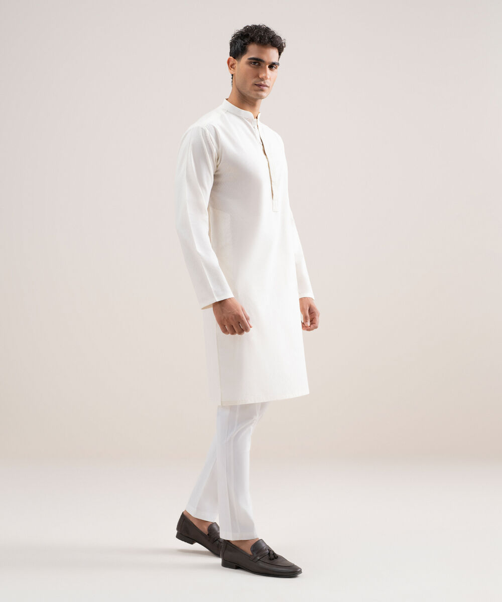 Men's Stitched Cotton Jacquard Off White Kurta