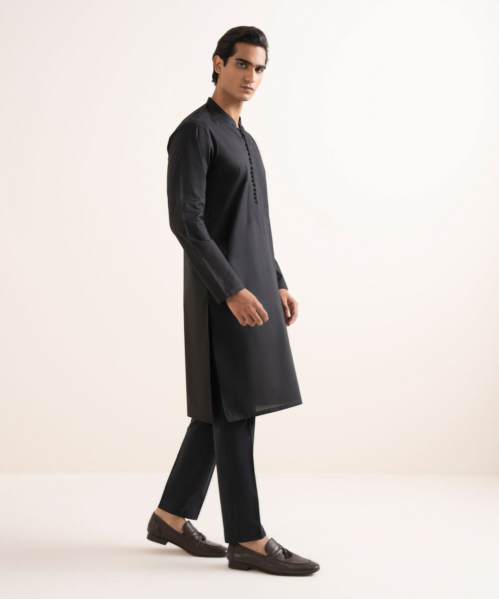 Men's Stitched 100% Cotton Black Kurta