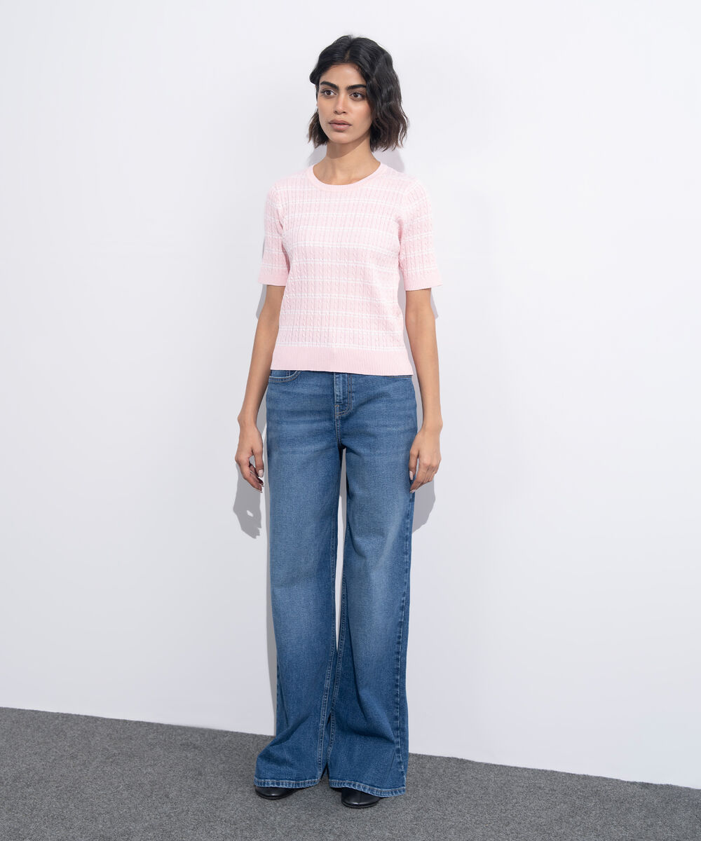 Women's Western Wear Pink Short Sleeve Striped Sweater