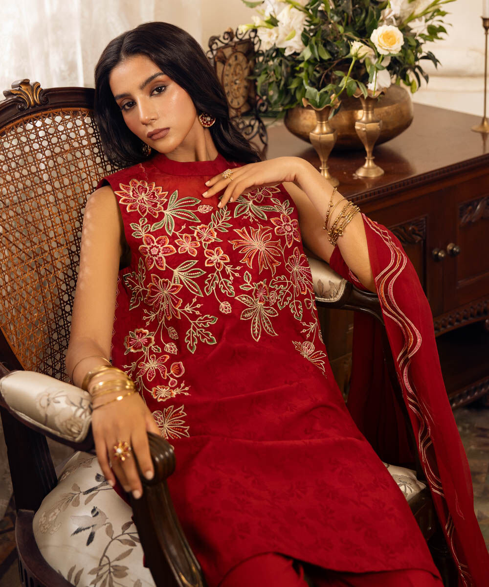 Unstitched Women's Red Cotton Jacquard 3 Piece Suit