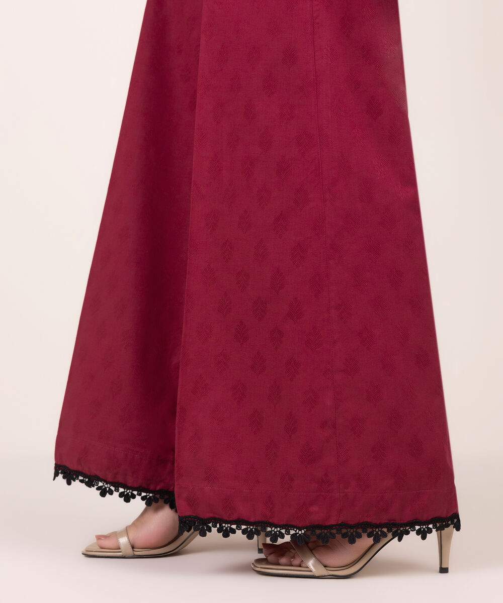 Women's RTW Self Jacquard Solid Red Flared Pants