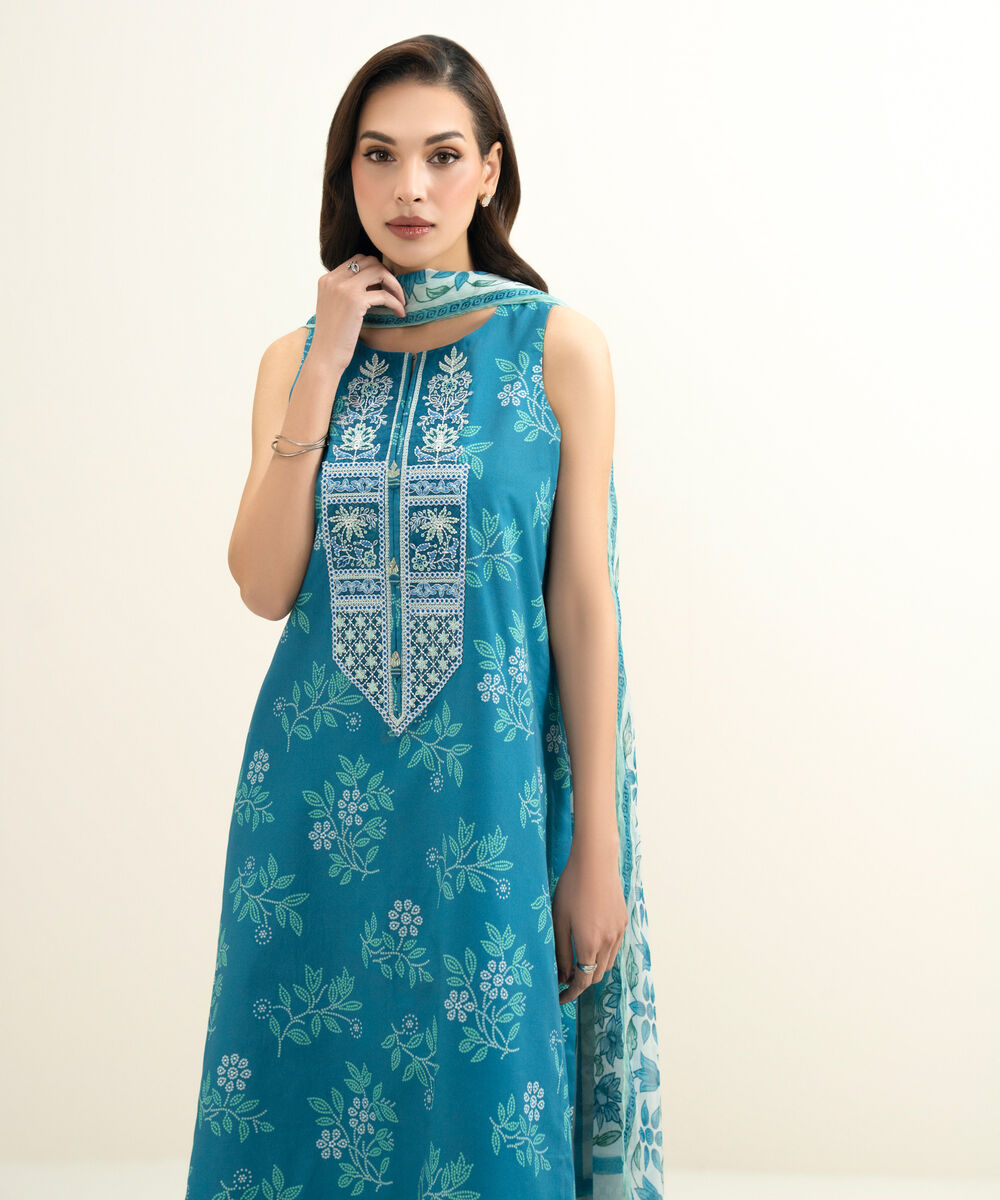 Women's Unstitched Lawn Embroidered Blue 3 Piece Suit