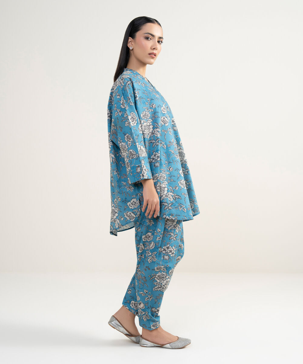 Women's RTW Cambric Printed Blue Drop Shoulder Shirt