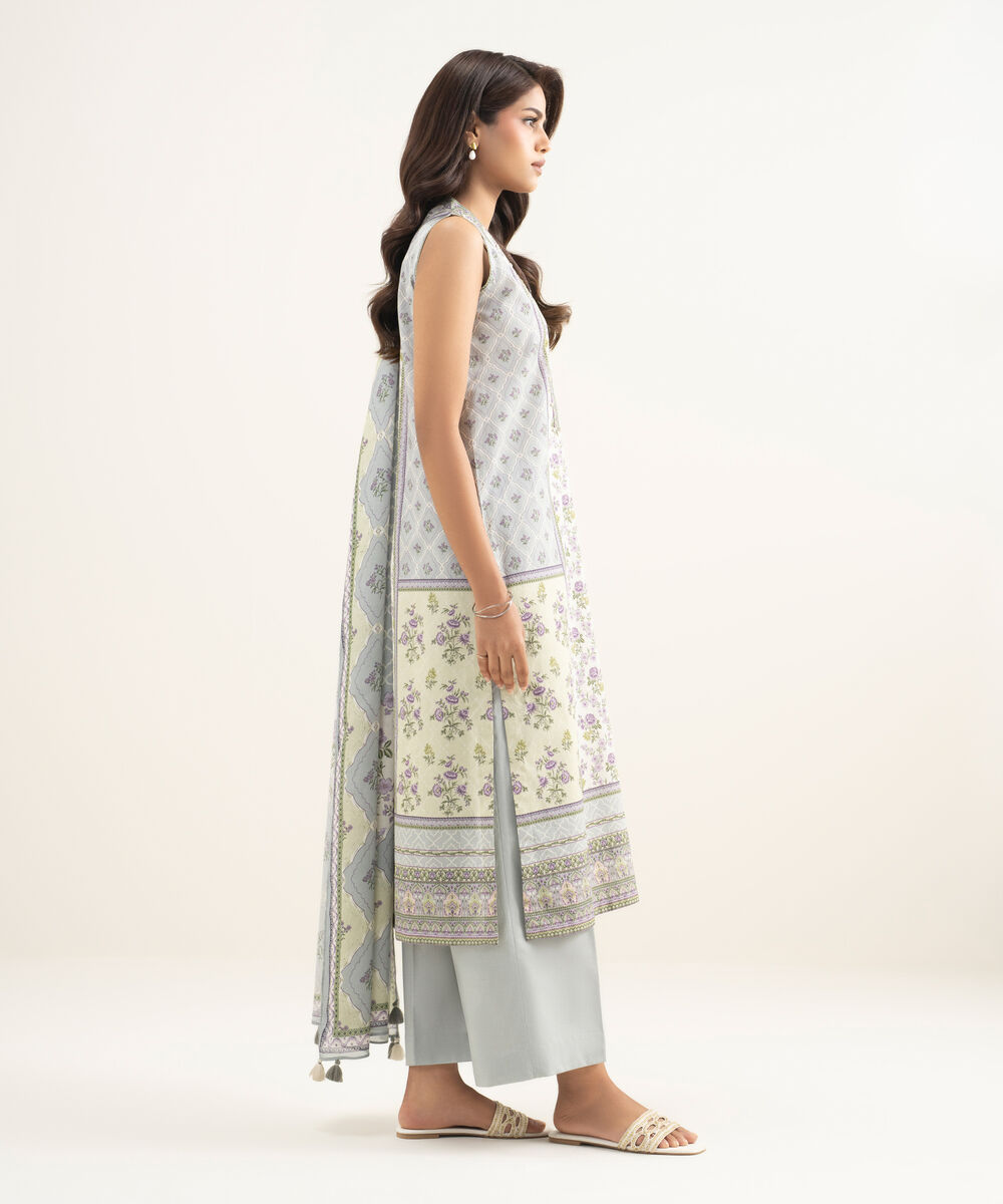 Women's Unstitched Lawn Printed Grey 3 Piece Suit