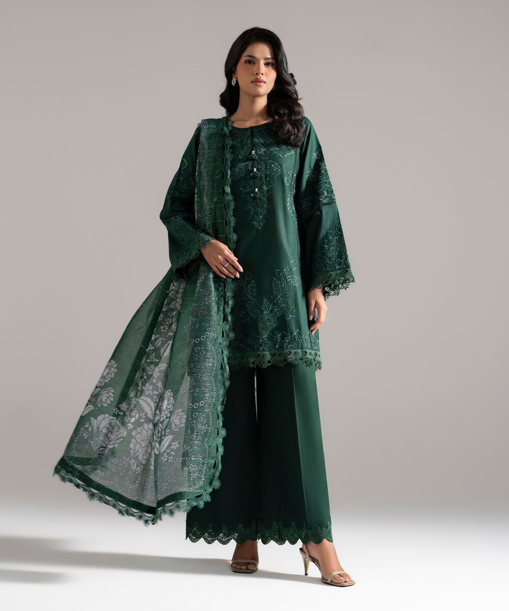 Women's RTW Lawn Embroidered Green 3 Piece Suit