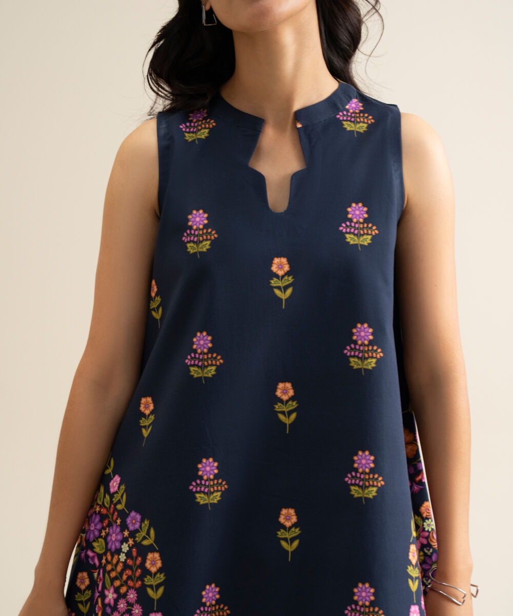 Women's Unstitched Cotton Printed Navy Blue 2 Piece Suit