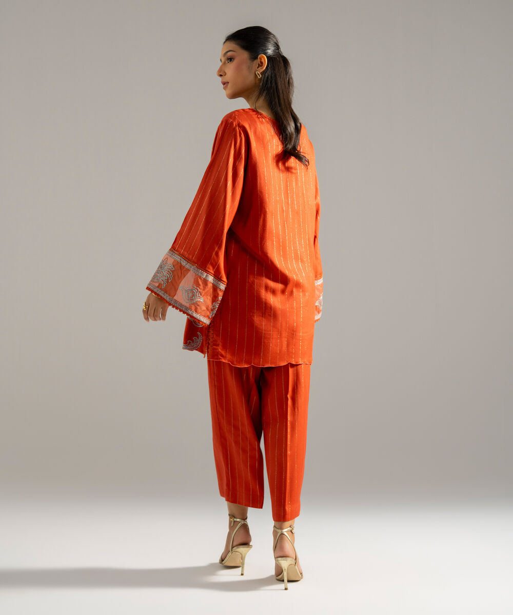 Women's RTW Dobby Crepe Lurix Solid Embroidered Rust Straight Shirt