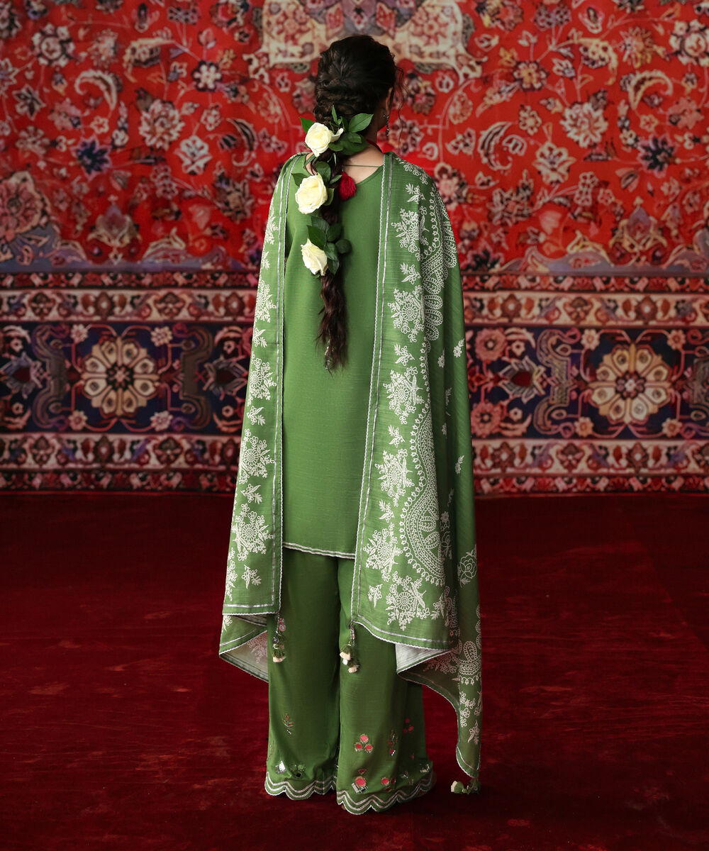 Women's Unstitched Cotton Embroidered Green 3 Piece Suit
