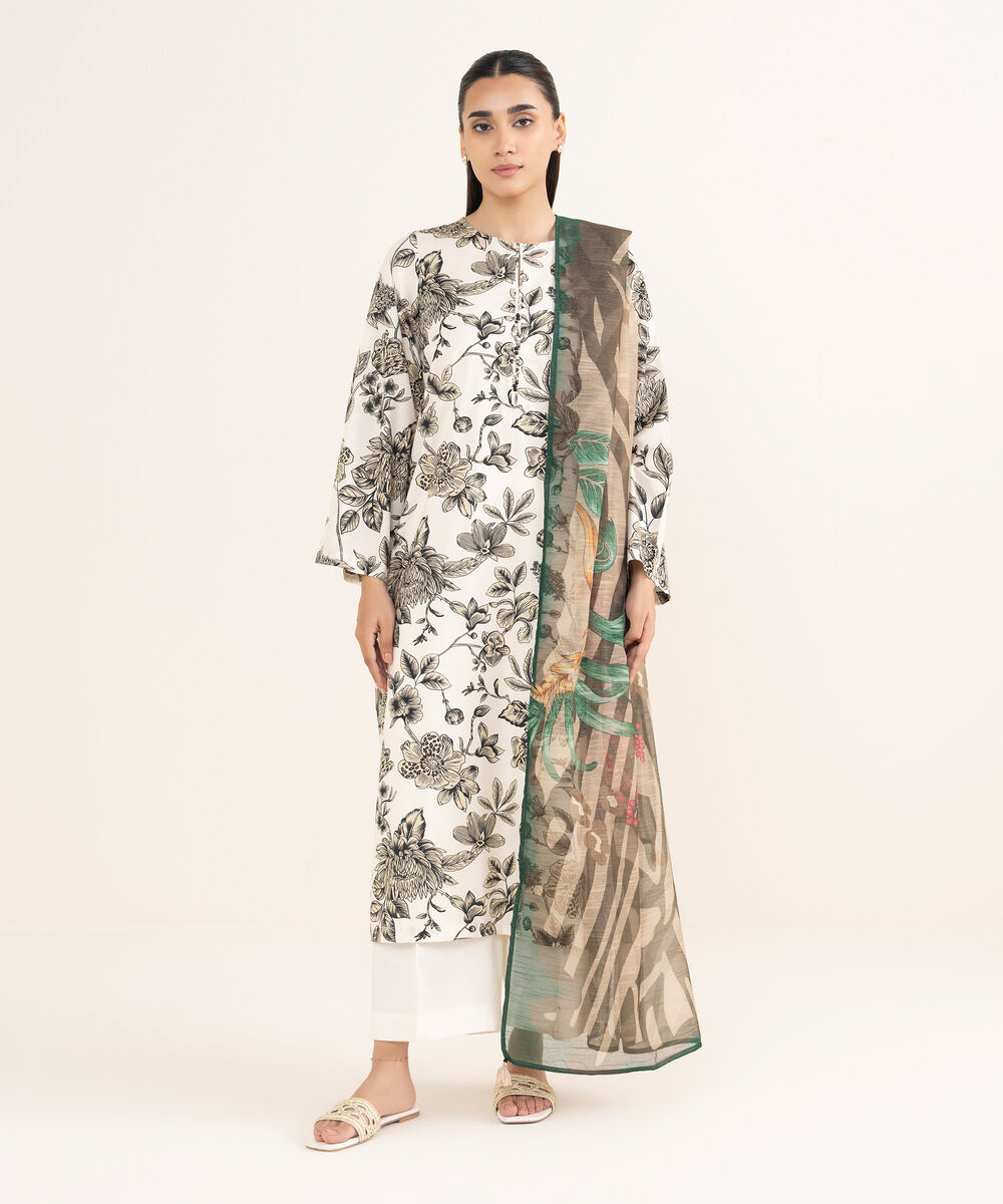 Women's RTW Viscose Lawn White Printed Straight Shirt