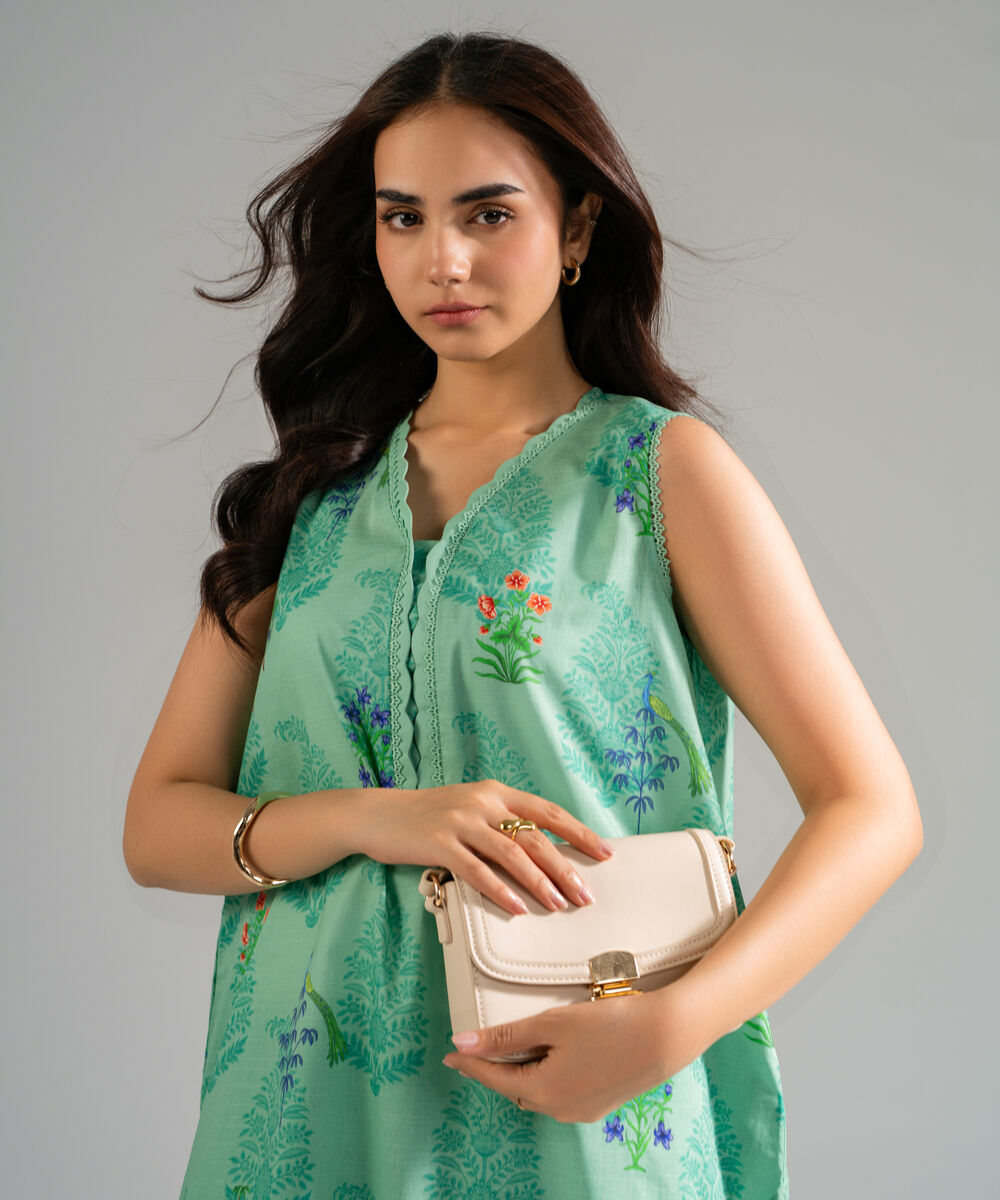 Women's RTW Slub Lawn Printed Seafoam Green Straight Shirt