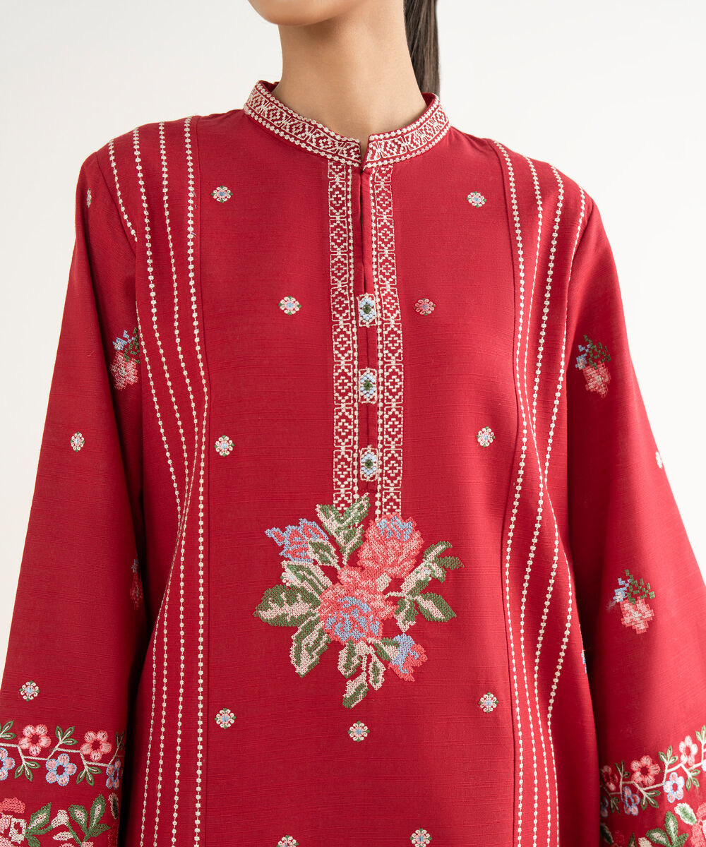Women's Unstitched Twill Embroidered Red  3 Piece Suit