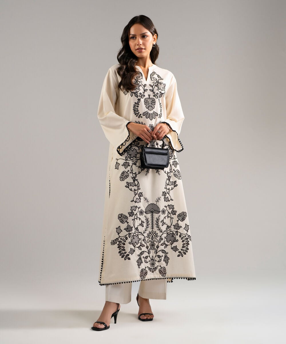 Women's RTW Zari Lawn Embroidered Off White A-Line Shirt