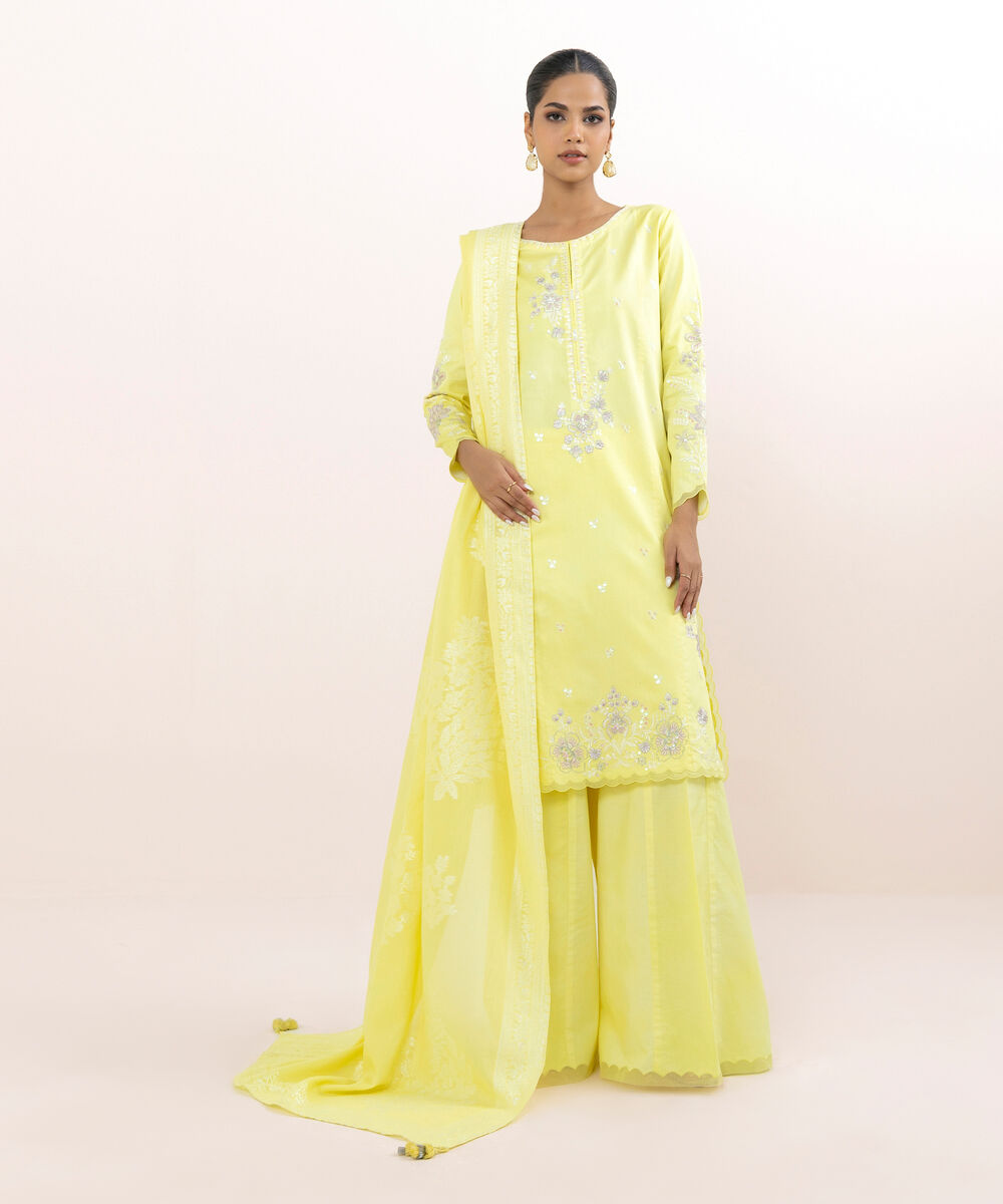 Women's Unstitched Light Cotton Satin Dyed Three Piece Suit