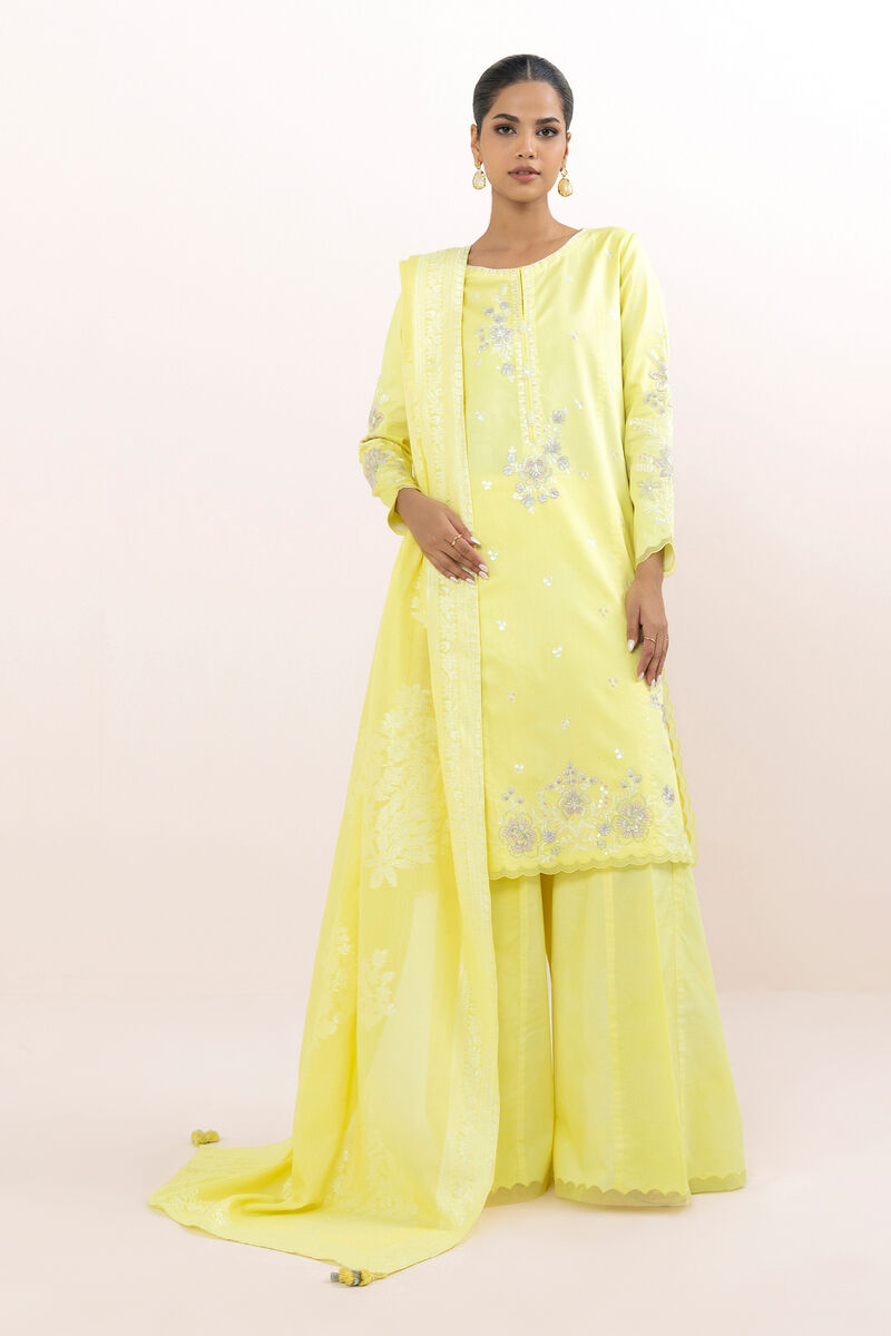 3 Piece - Embroidered Cotton Satin Suit