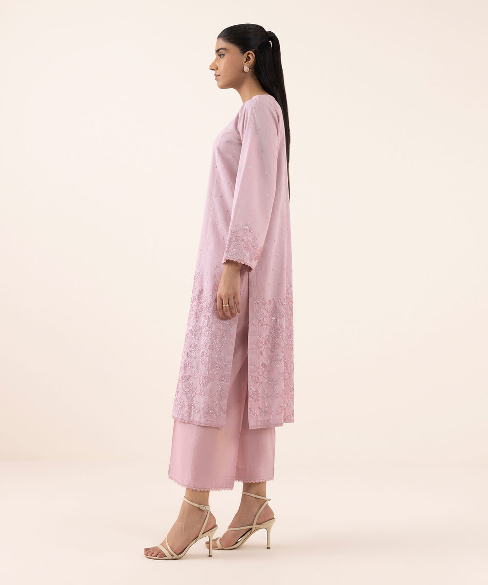 Women's RTW Dobby Pink Embroidered A-Line Shirt