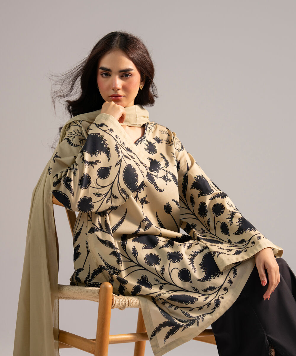 Women's RTW Lawn Printed Beige 3 Piece Suit