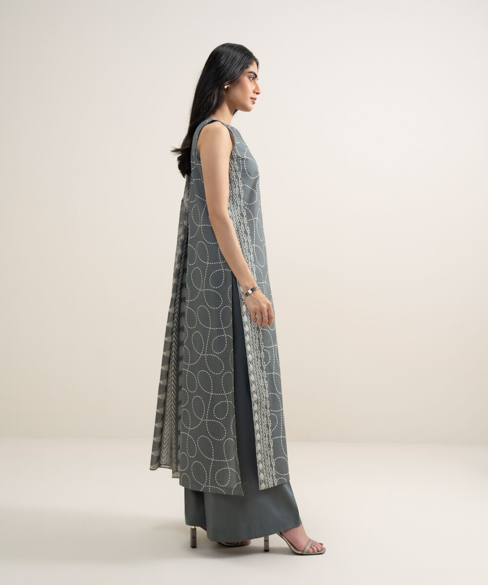 Women's Unstitched Lawn Printed Grey and Off White 2 Piece Suit
