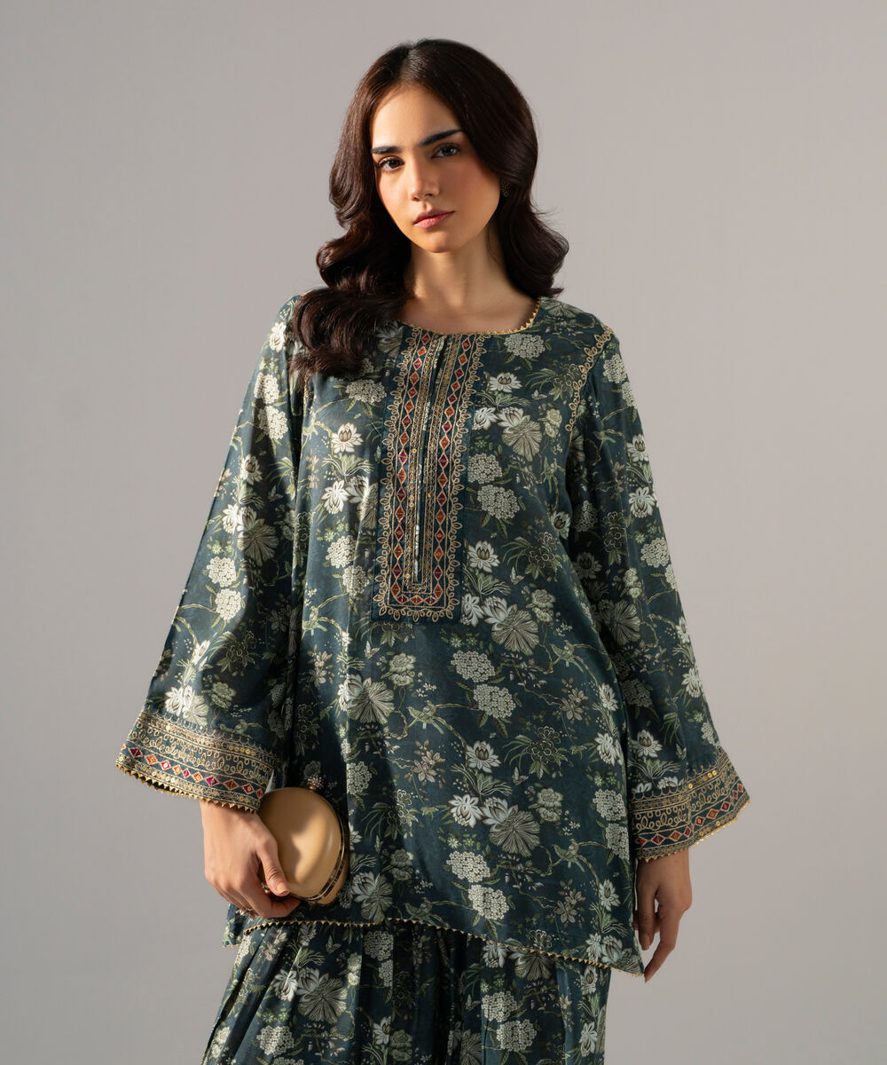 Women's RTW PK Raw Silk Printed Embroidered Teal Blue 2 Piece Suit