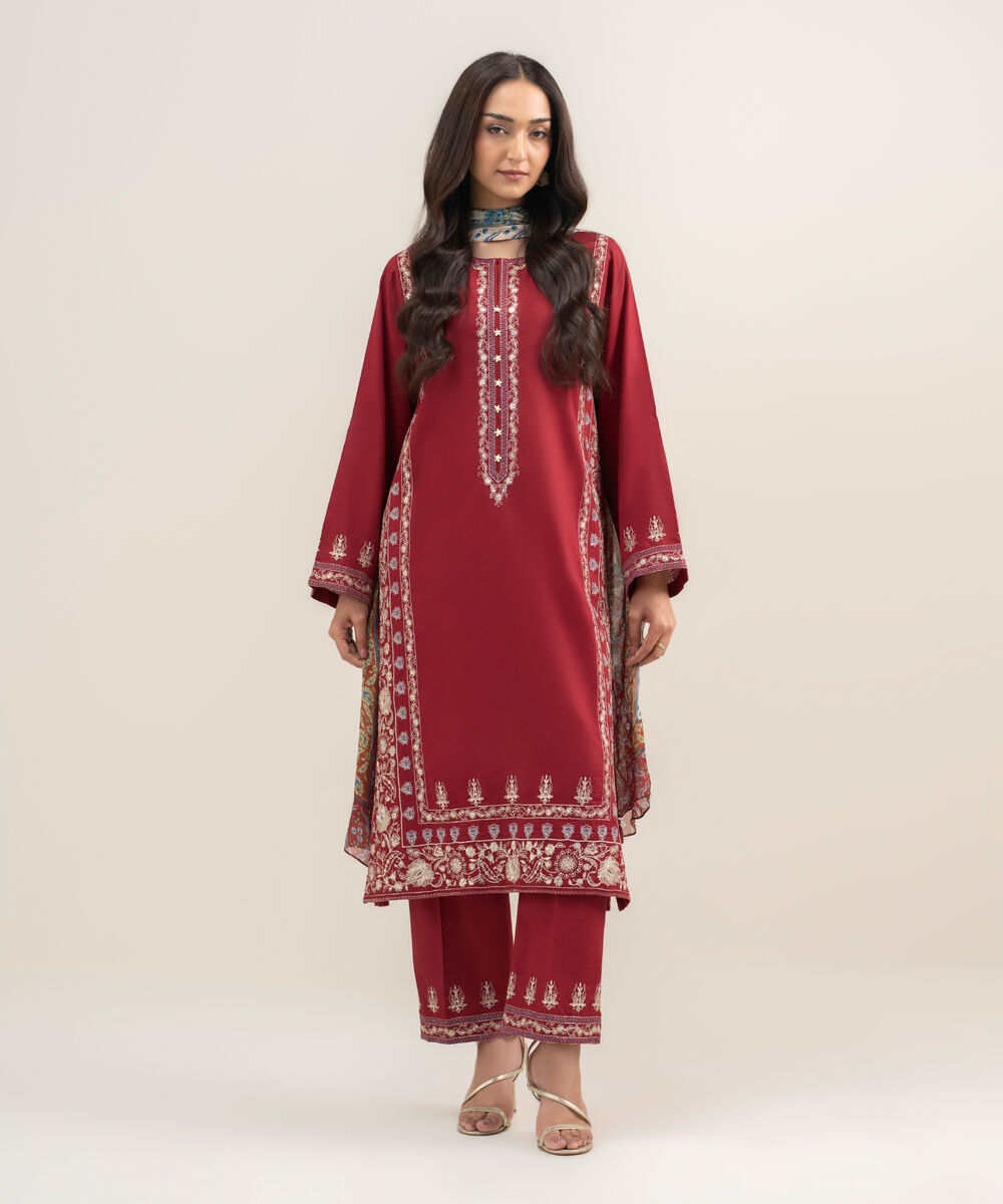 Women's RTW Dobby Embroidered Maroon 3 Piece Suit