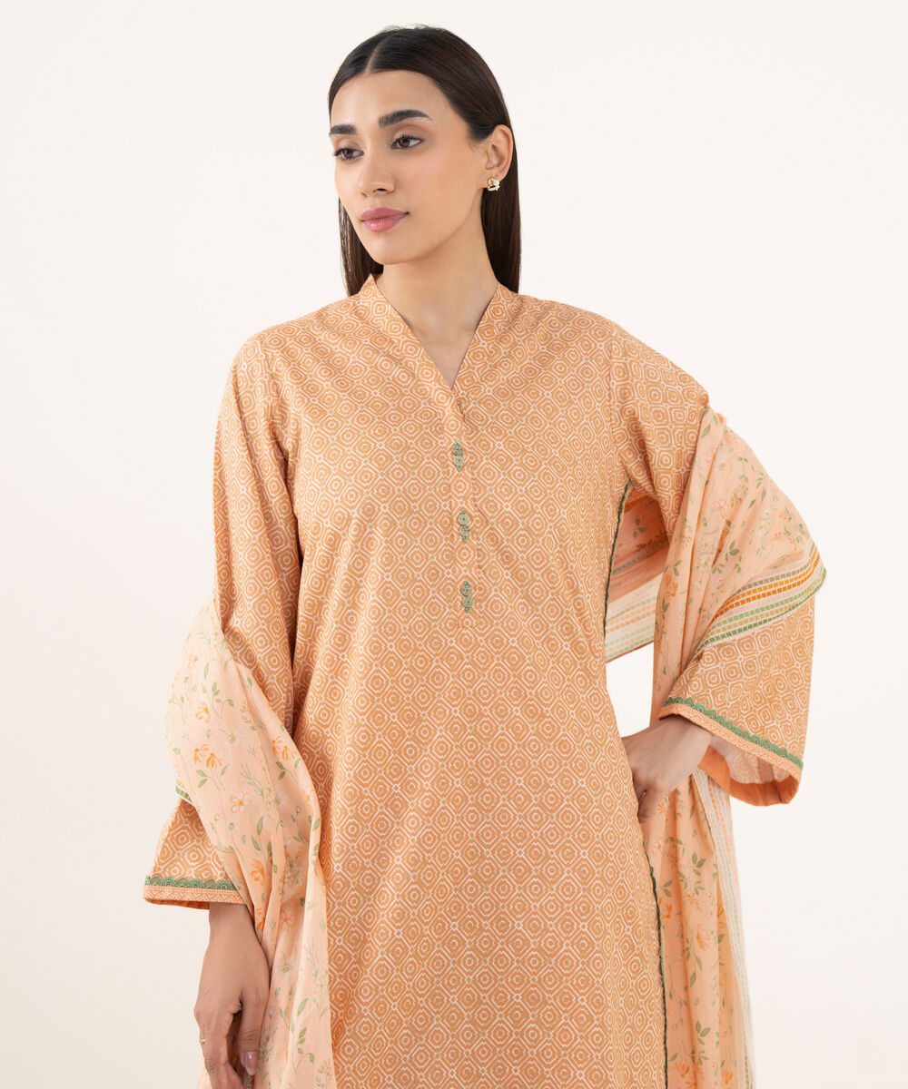 Women's Unstitched Lawn Printed Orange 3 Piece Suit