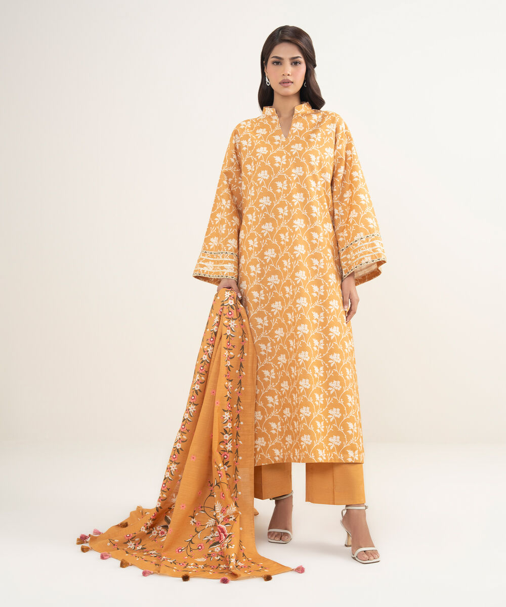 Women's Unstitched Arabic Khaddar Mustard  3 Piece Suit