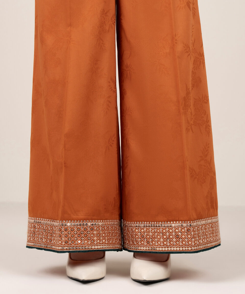Women's RTW Self Jacquard Leno Embroidered Orange Flared Pants