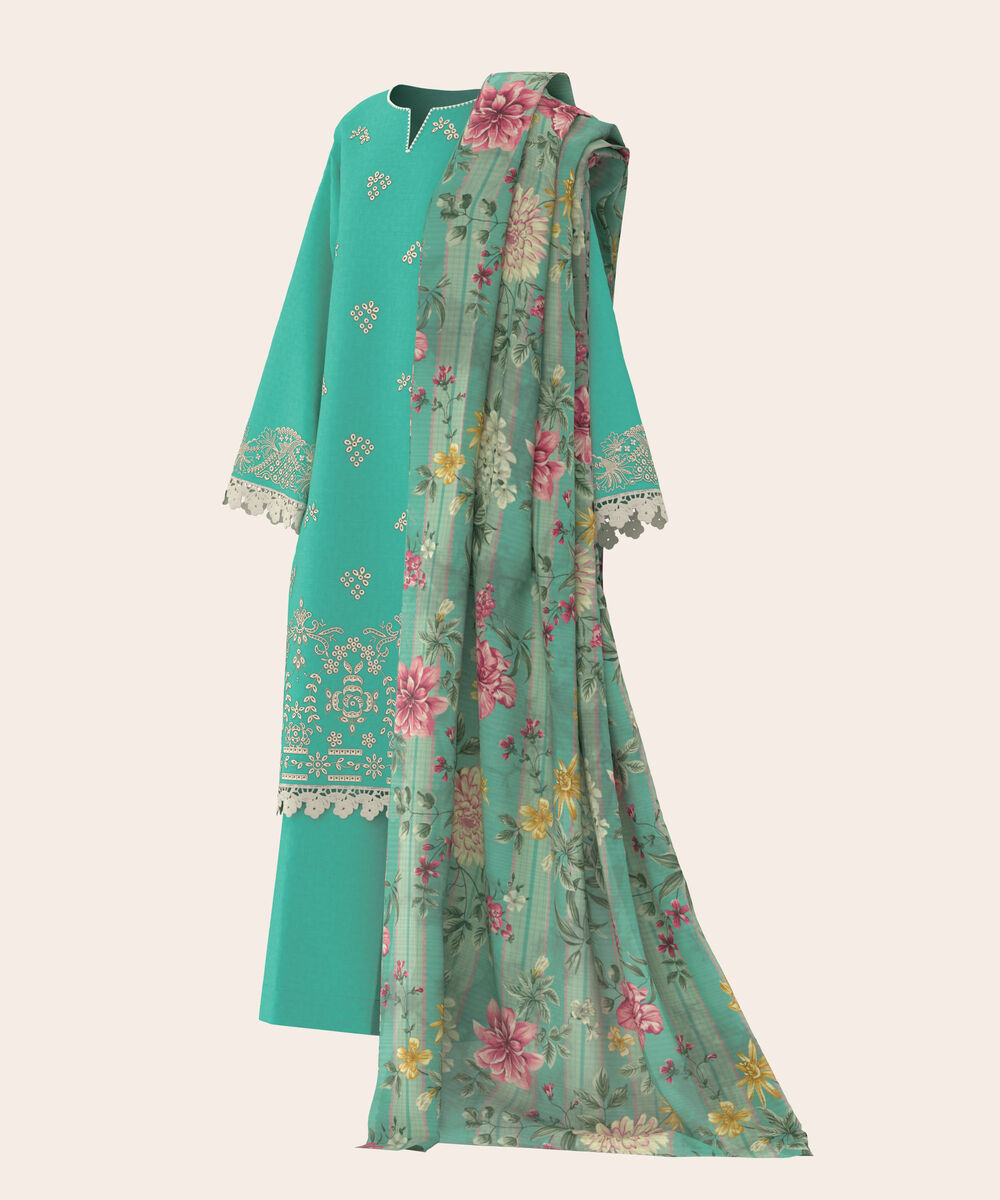 Women's Unstitched Self Jacquard Sea Green  Embroidered 3 Piece Suit