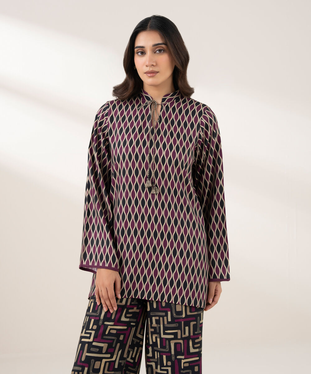 Women's RTW Viscose Linen Printed Straight Purple Shirt