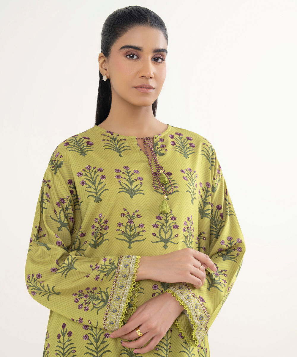 Women's RTW Viscose Linen Printed Green Straight Shirt