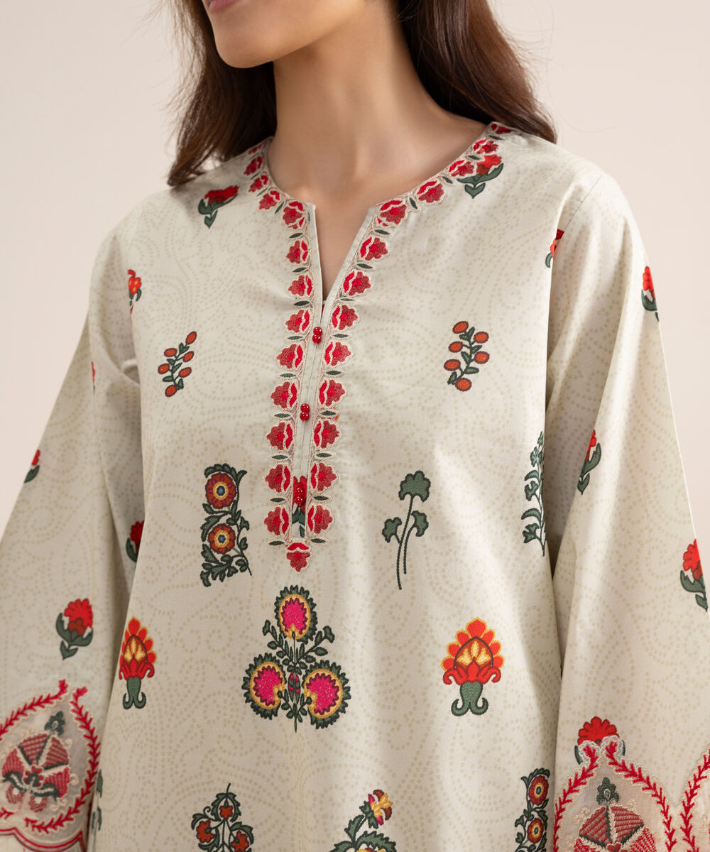 Women's Unstitched Lawn Embroidered Off White  3 Piece Suit