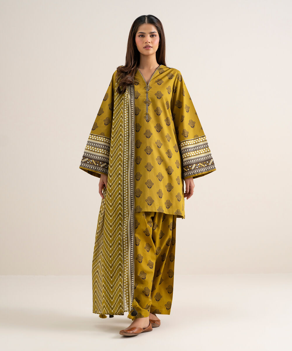 Women's Unstitched Lawn Printed Mustard 3 Piece Suit