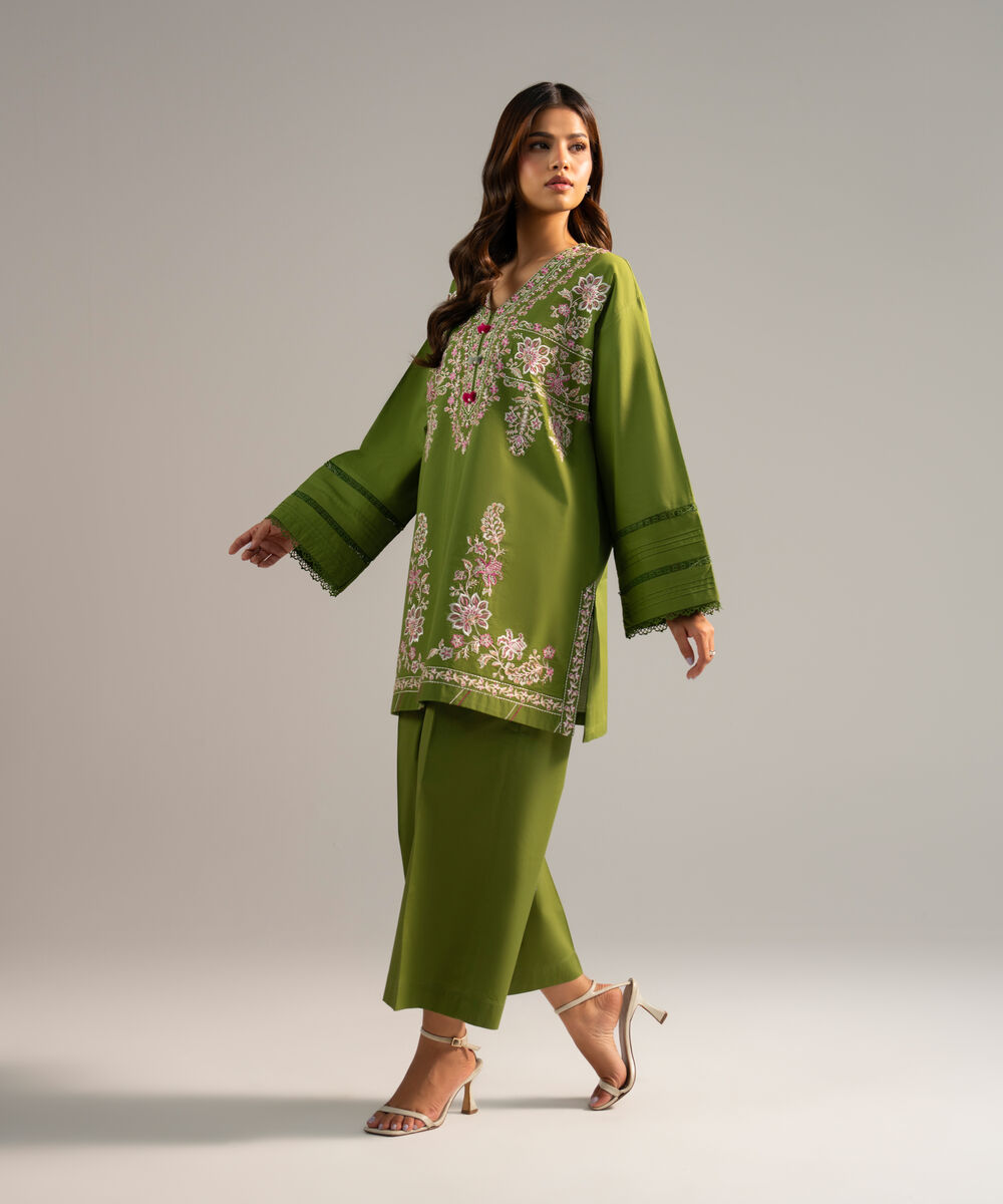 Women's RTW Lawn Embroidered Green Drop Shoulder Shirt