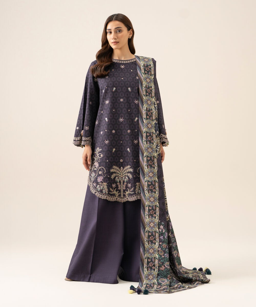 Women's Unstitched Light Khaddar Embroidered Blue 3 Piece Suit